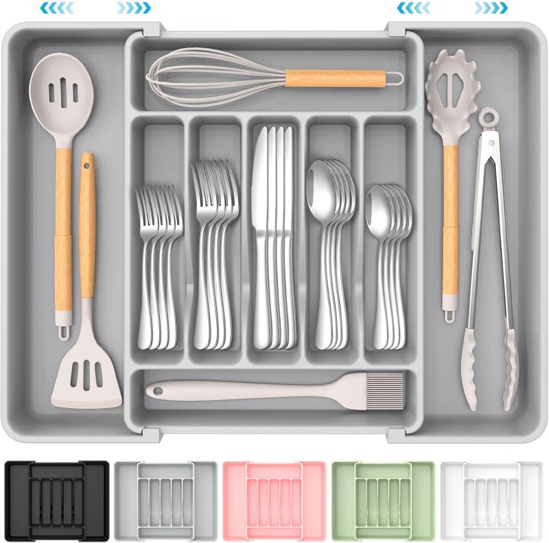ukeetap Extra Large Expandable Silverware Organizer, BPA-Free Food-Safe Cutlery Flatware Organizer, Kitchen Utensil Drawer Organizer, Adjustable Silverware Holder for Spoons Forks Knives, Gray - Image 1
